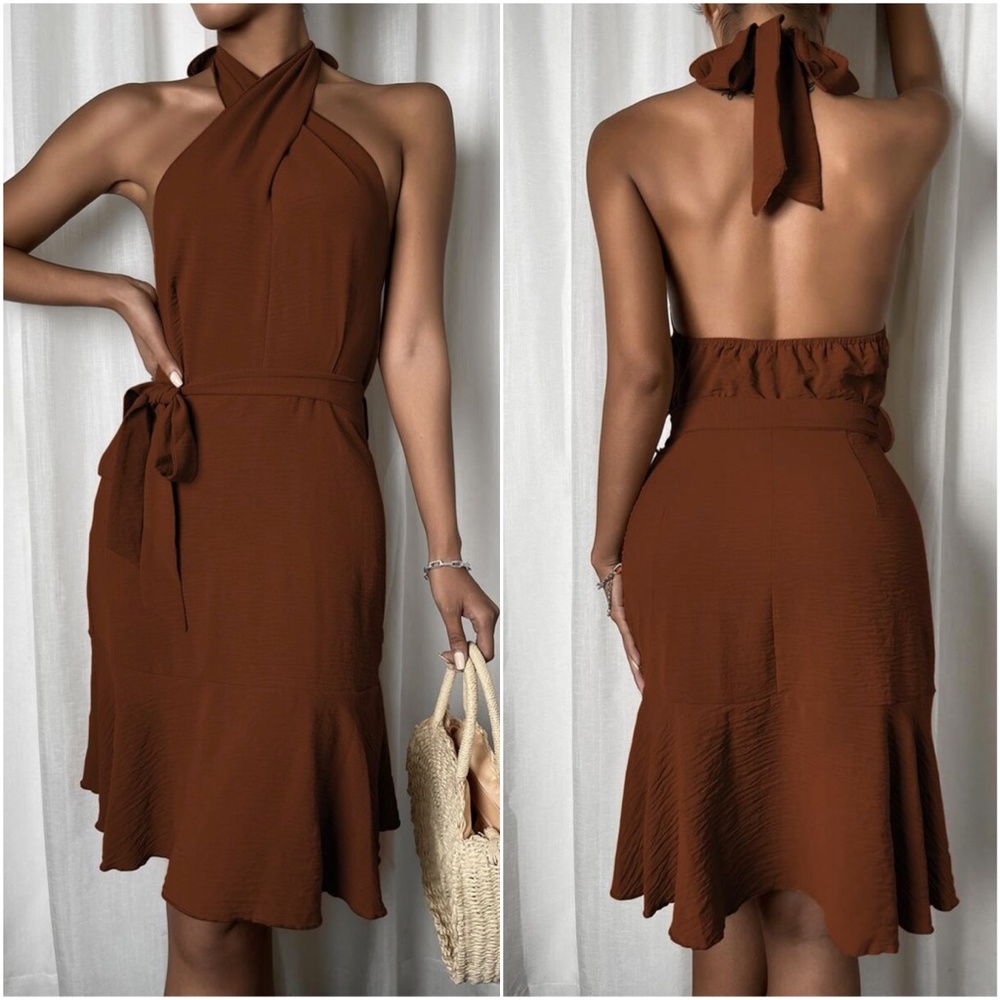 Mocha Brown Twist Halter Ruffle Midi Dress Belted - Picture 4 of 10